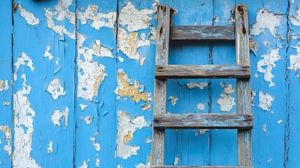 Naklejka premium A stunning image of weathered wooden ladder leans against a rustic, peeling blue painted wall.