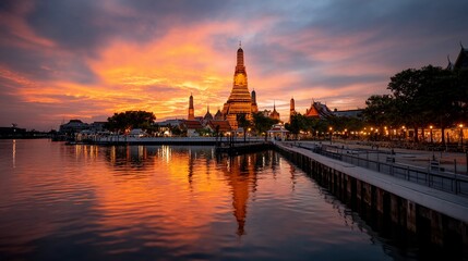 Obraz premium Sunset over Wat Arun temple in Bangkok, Thailand, reflecting on the Chao Phraya River; perfect for travel brochure or website backgrounds