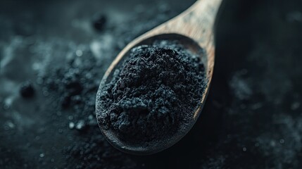 A stunning image of activated charcoal powder in wooden spoon showcasing texture and depth against a dark background for health and wellness concepts.