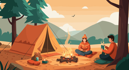 Obraz premium Happy campers enjoying a cozy evening around a warm campfire with a tent set up in a scenic forest and mountain landscape during sunset