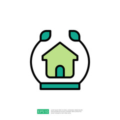 Icon Representing Law and Judgement with Green Home Surrounded by Leaves Symbolizing Environmental Sustainability in Legal Context