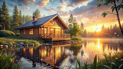 Fototapeta premium Golden Sunset Over Lake Cabin - Idyllic Lakeside Retreat 3D Render