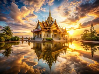Obraz premium Golden Temple Sunrise: Thailand's Sacred Dawn, Serene Buddhist Temple at Sunrise