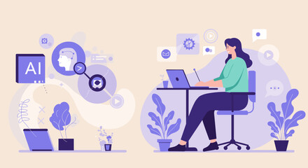 Woman working with artificial intelligence technology on a laptop in a modern workspace surrounded by digital icons and plants