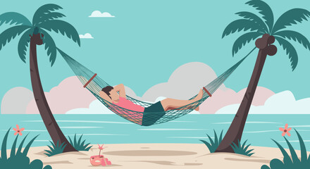 A relaxing summer scene of a man lying in a hammock tied between two palm trees on a tropical beach with calm ocean waves and soft pastel clouds in the background