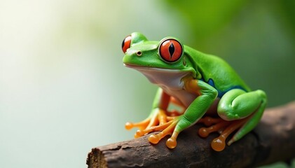 Obraz premium Green tree frog perched on white, vibrant skin, wildlife, white, tree frog