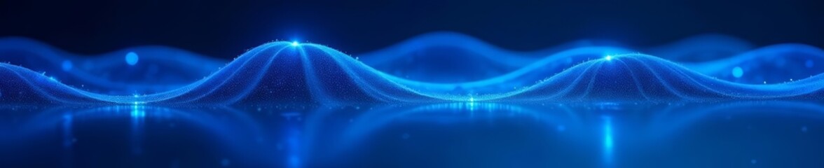 Abstract glowing blue light waves on dark surface, abstraction, card, ethereal