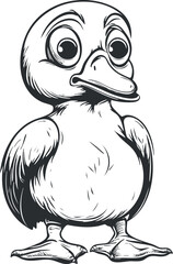 Black and white cartoon illustration of a cute duck with big eyes and detailed feathers