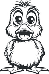 Obraz premium Black and white cartoon illustration of a cute fluffy baby duck with big eyes and a happy expression.