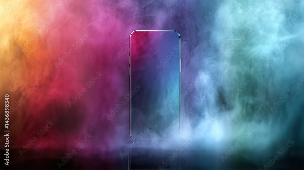 Poster floating smartphone surrounded by colorful gradient fog creates a dreamy aesthetic in a surreal envi