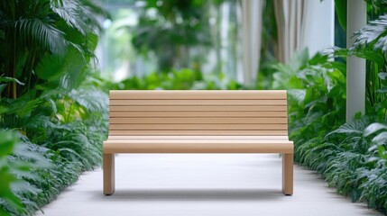 Fototapeta premium Empty wooden park bench in a lush garden setting