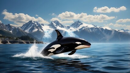 Fototapeta premium Jumping Orca Whale Breaching in Calm Blue Ocean