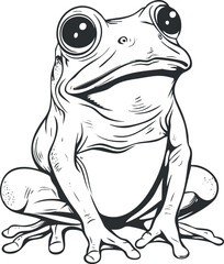 Black and white detailed illustration of a frog sitting with large eyes and webbed feet