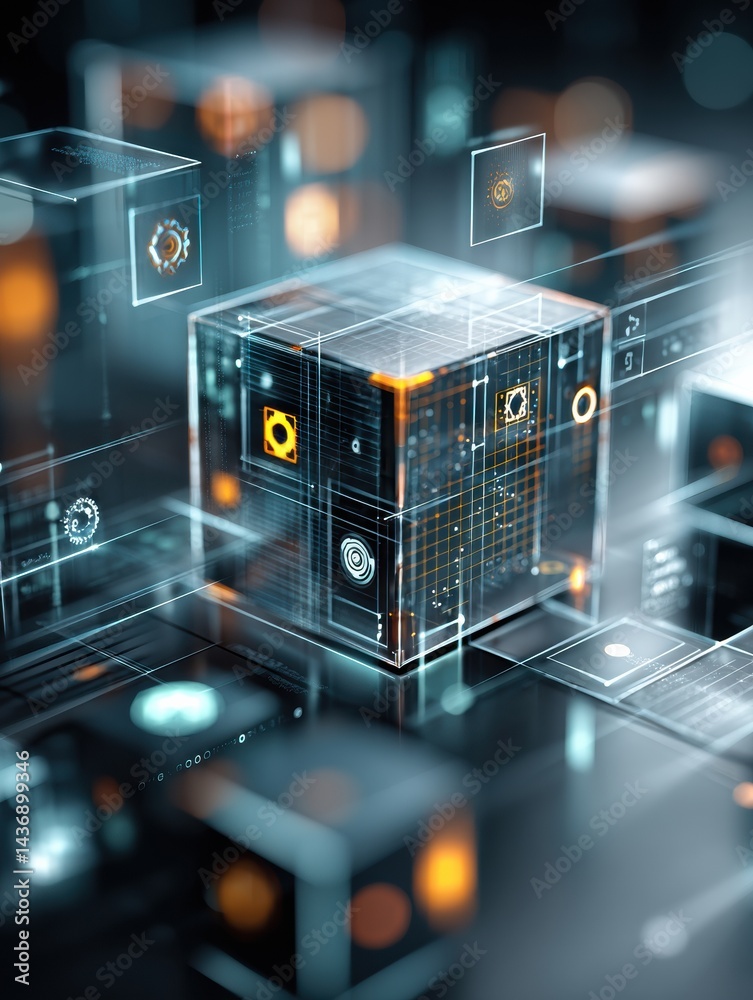 Poster rotating digital cube displaying ai icons and streaming code in a futuristic environment