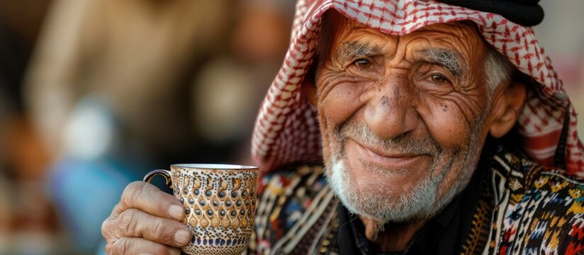 A smiling elderly Arab man in traditional attire holds a beautifully patterned coffee cup, exuding warmth and culture. Arab Man Smiling