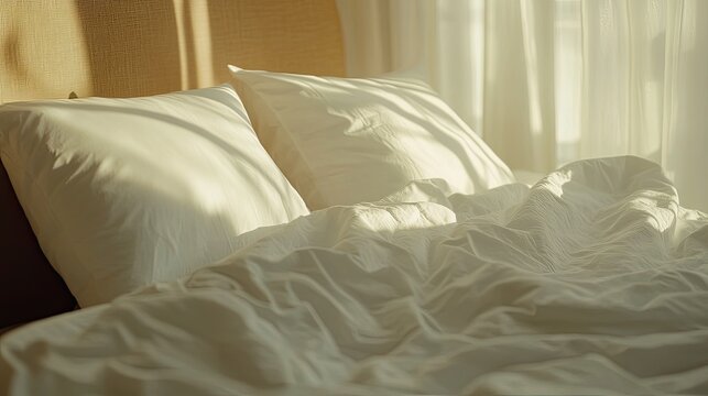 A stunning image of close-up on minimalistic hotel bedding: clean white pillows, duvet blankets, bedsheets neatly placed on a bed linen.