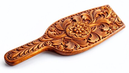 Hand-Carved Wooden Paddle with Intricate Floral Designs - Isolated on White Background
