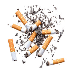 Discarded Cigarettes and Ashes on a Black Background, Symbolizing Smoking Cessation and Environmental Impact on transparent background