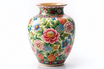 Hand-Painted Ceramic Vase with Delicate Floral Design, Isolated on White Background - Stock Photo