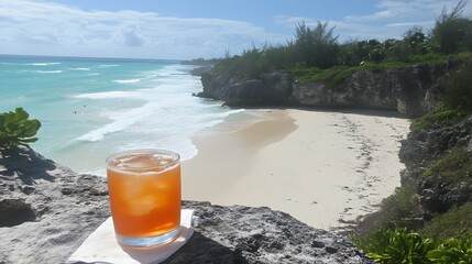 Tropical Beach Cocktail View,  Ocean Waves Crashing on Sandy Shore