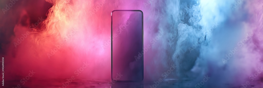 Poster Floating Smartphone Surrounded by Colorful Gradient Fog Creating a Dreamy Aesthetic Atmosphere