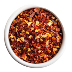 Vibrant Red Chili Flakes in a White Bowl, Perfect for Spicing Up Dishes and Adding Flavor to Meals on transparent background