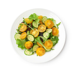 Fresh salad with yellow tomatoes isolated on white, top view