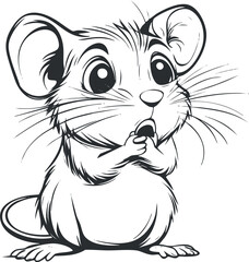Black and white cartoon illustration of a cute mouse with expressive eyes and whiskers showing surprise.