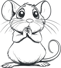 Hand drawn black and white cartoon mouse with large eyes and clasped hands, cute and adorable animal character illustration