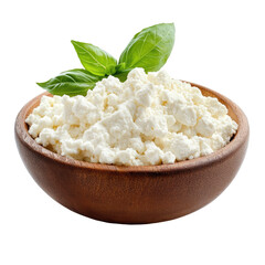 Fresh Cottage Cheese with Basil in a Wooden Bowl for Healthy Eating on transparent background