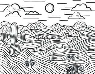 Black and white line art drawing of a desert landscape with cactus hills mountains sun and clouds