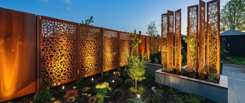 Industrial style corten steel fence panels feature geometric patterns in a modern landscape with dramatic evening lighting.