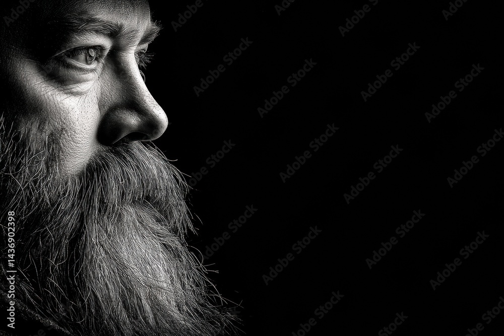 Poster high-contrast black and white portrait of a man with a thick beard captured in a studio setting high