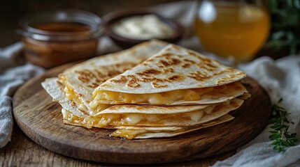 A stunning image of mexican Quesadillas with Cheese and Sauce on Rustic Wooden Board.