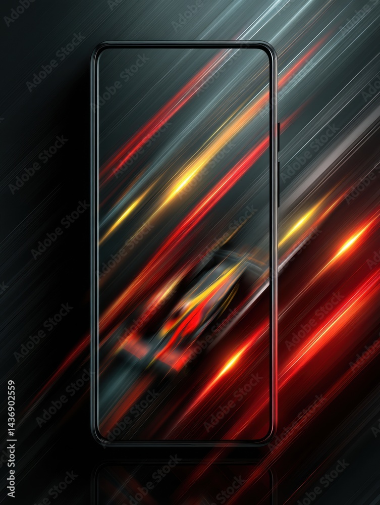 Poster gaming smartphone displays racing game user interface with dynamic motion trails illustrating speed 