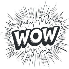 Black and white comic style illustration of the word wow with an explosion burst background expressing surprise and excitement
