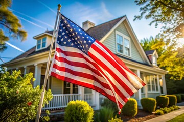 House with waving flag, candid photography, patriotic home, outdoor scene, American flag