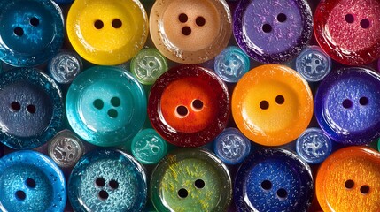 Vibrant close up macro view background featuring an assortment of colorful shiny plastic and glass sewing buttons for craft projects and design