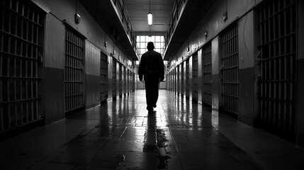 a man walks in a prison hallway background dark black and light
