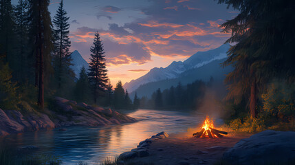 Campfire adventures by the river cozy camping experience in nature's serenity evening glow tranquil view. Feeling River. Illustration