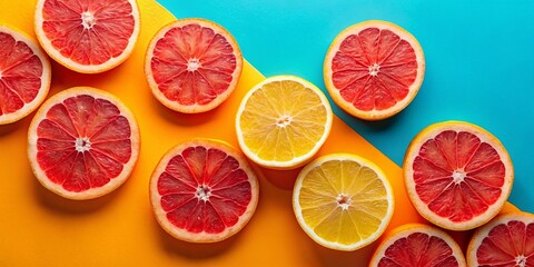 Juicy Grapefruit Slices on Vibrant Blue & Orange Background - Stock Photo