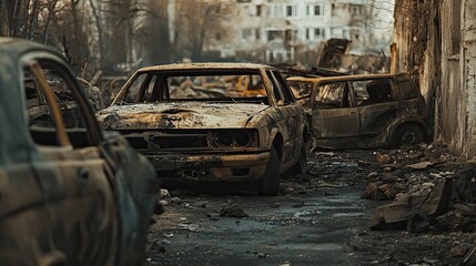 A stunning image of war-torn city with destroyed cars that are burned out. Damaged vehicles in a ruined city with building insurance implications. Aftermath of an attack.