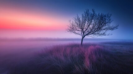Beautiful tranquil landscape showing a single bare tree in morning fog with stunning pink purple sunrise sky over a grassy field ai generated art
