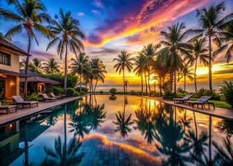 Fototapeta premium Khao Lak Thailand Luxury Hotel Poolside Evening Palm Trees Paradise Resort