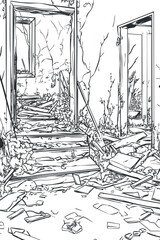 Black and white line drawing of an abandoned, ruined building interior filled with broken debris and decay