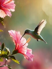 Naklejka premium Midflight Splendor: Hummingbird Feeding on Vibrant Hibiscus with Motion-Blurred Wings (4K Ultra-Detailed Wildlife Photography)