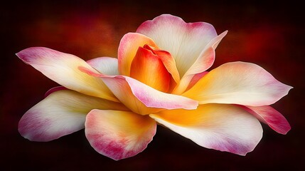 Fototapeta premium Exquisite digital painting illustration of a single vibrant yellow pink rose flower bloom against a dark textured background art