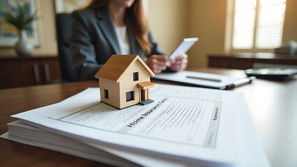 Model house placed on top of home insurance forms with a realistic office background and basic daylight illumination