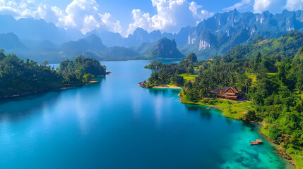 Fototapeta premium Serene Lake Paradise: A mesmerizing aerial panorama showcases a tranquil lake reflecting the majestic mountains under a vibrant blue sky, capturing nature's sublime beauty.