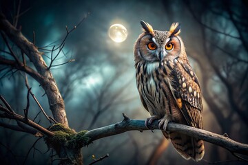 Long-eared Owl Hunting in Forest - Majestic Night Bird of Prey